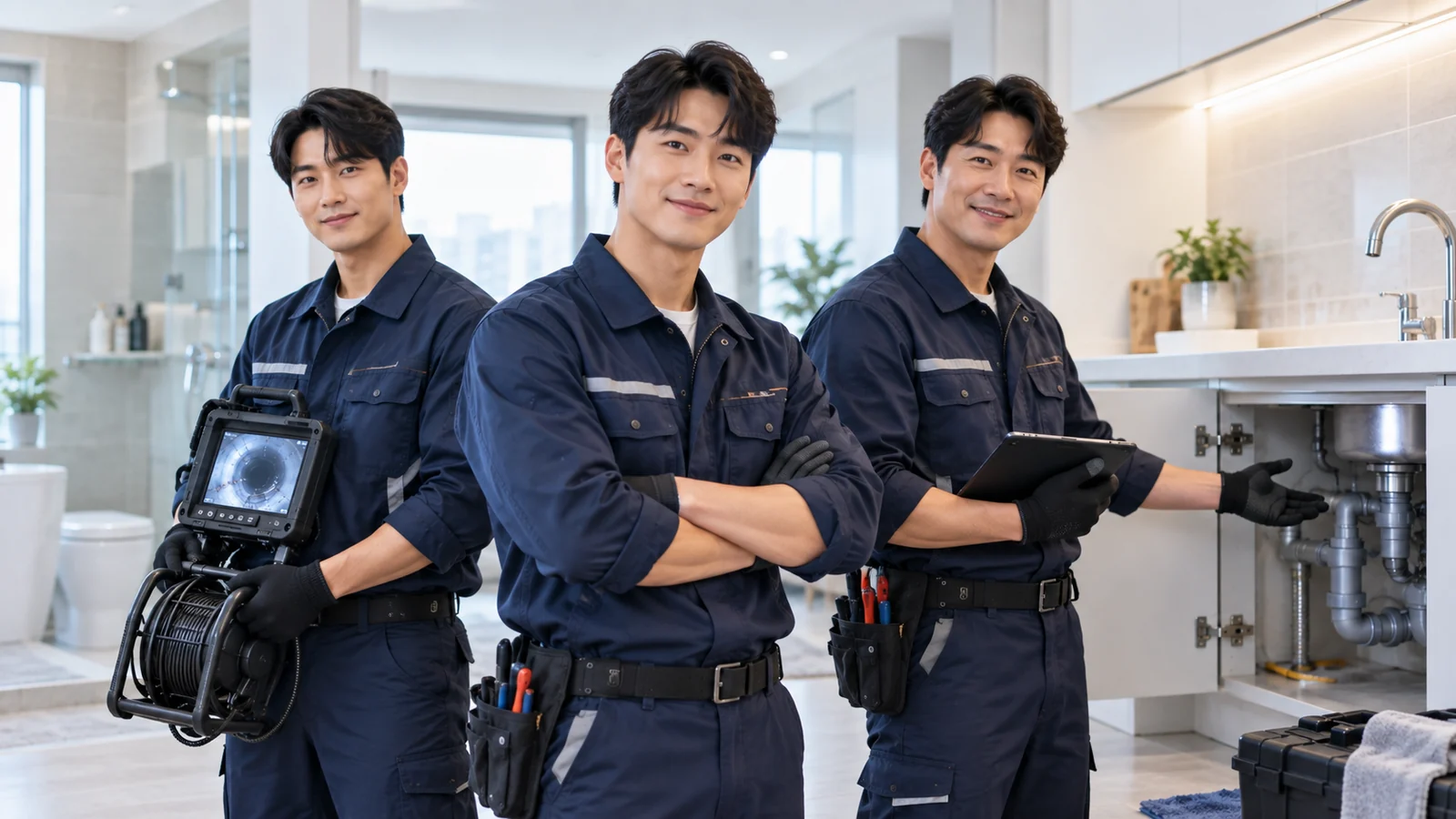 배관 점검 장비를 갖춘 막힘해결사 기술자 팀